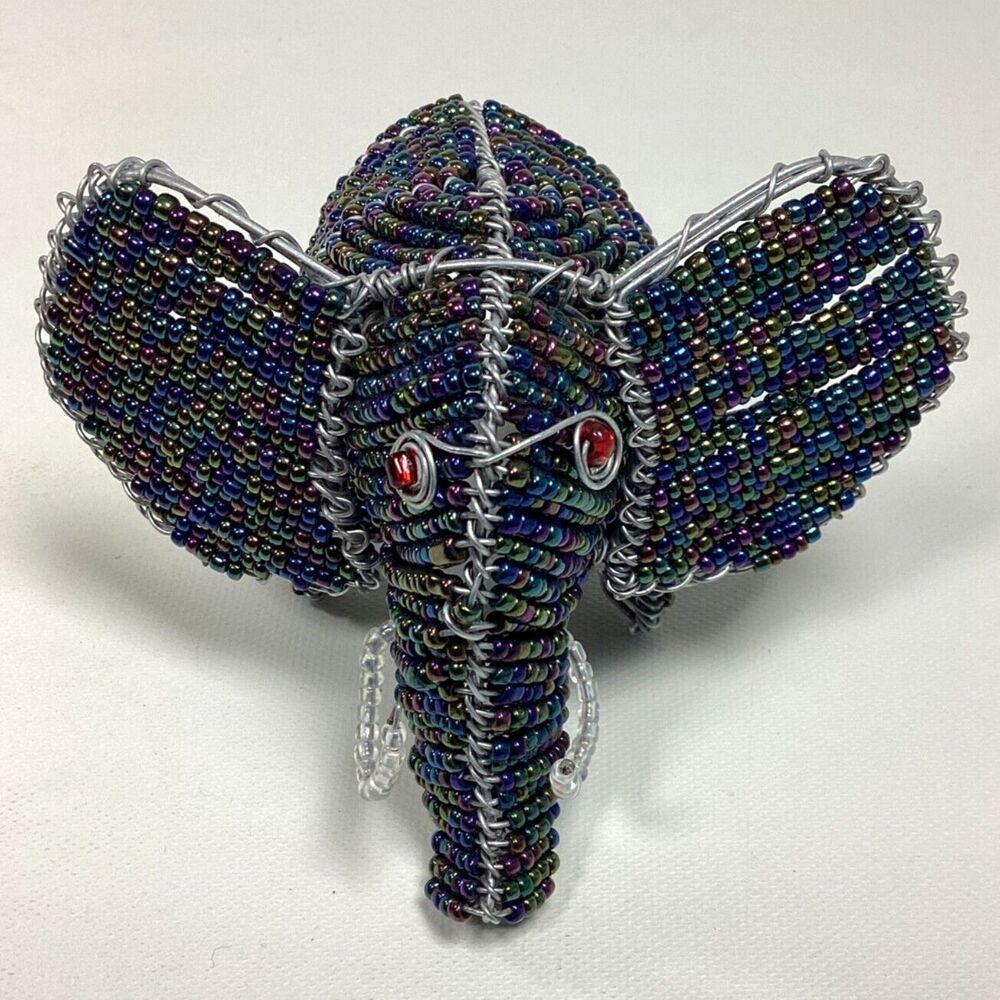 Elephant Figure Handmade Beaded Wire Frame Statue African Blue